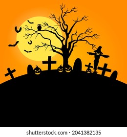 Halloween background with full moon, pumpkins, trees and bats