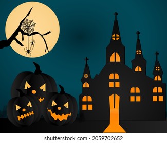 Halloween background with full moon, pumpkins and trees stock illustration