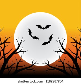Halloween background with full moon, silhouette tree branch and flying bats, scene spooky for Halloween day, vector illustration
