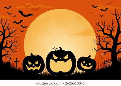 Halloween background with full moon and silhouette of pumpkins_vector illustration
