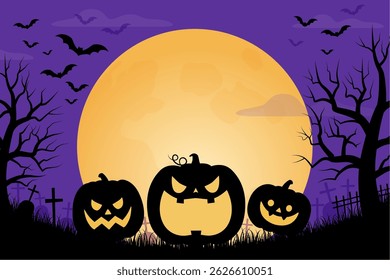 Halloween background with full moon and silhouette of pumpkins_vector illustration
