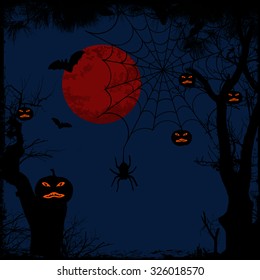 Halloween background with full moon, spider web and pumpkins, vector illustration