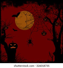 Halloween background with full moon, spider web and pumpkins, vector illustration