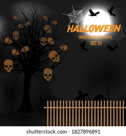 Halloween background with full moon. Spooky forest with dead trees and hanging skull on tree. vector illustration.