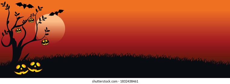 Halloween background with full moon, tree, pumpkin and bat , vector illustration.