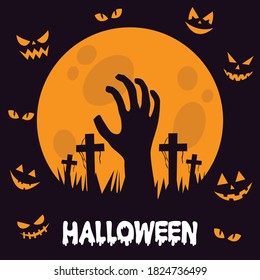 Halloween background with full moon and zombie hand. Happy halloween poster. ghost face pumpkin. vector illustration in flat style modern design. 