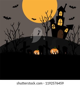 Halloween background with full moonlight and creepy cemetery. Vector illustration