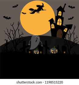 Halloween background with full moonlight and creepy cemetery. Vector illustration