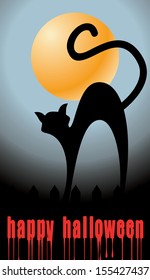 halloween background with full orange moon and black cat - vector illustration