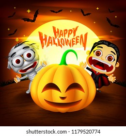 Halloween Background with funny characters. Dracula, Mummy and Pumpkins Illustration. Vector
