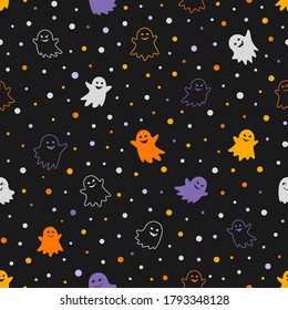 Halloween background with funny ghosts and dots on black. Colorful seamless backdrop. Endless texture for web page background