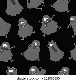 Halloween background with funny ghosts making silly faces on black, seamless pattern