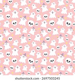 Halloween fundo com fantasmas engraçados e crânios. Padrão contínuo. Ilustração vetorial