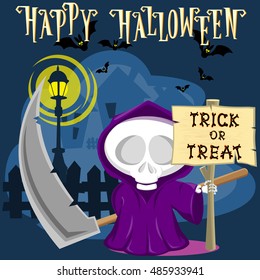 Halloween background. Funny little death with a large scythe on the street of the town. Cartoon style. Concept design for banners, posters, flyer or cards. Vector illustration