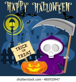 Halloween background. Funny little death with a large scythe on the street of the town. Cartoon style. Concept design for banners, posters, flyer or cards. Vector illustration