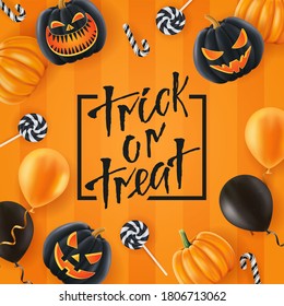 Halloween background, funny pumpkins, balloons and candies. Greeting card for party and sale. Autumn holidays. Vector illustration EPS10.
