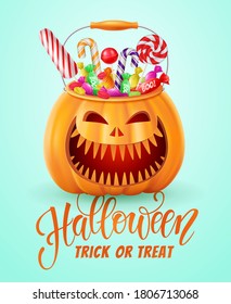 Halloween background, funny pumpkins, balloons and candies. Greeting card for party and sale. Autumn holidays. Vector illustration EPS10.
