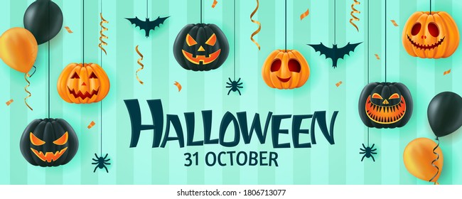 Halloween background, funny pumpkins, balloons and candies. Greeting card for party and sale. Autumn holidays. Vector illustration EPS10.