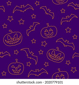 Halloween background, funny pumpkins and bats. Greeting texture for party and sale. Autumn holidays.