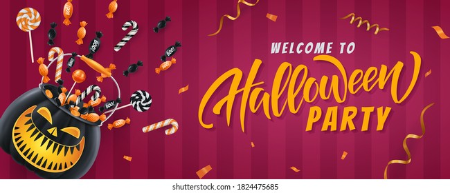 Halloween background, funny pumpkins and candies. Greeting card for party and sale. Autumn holidays. Vector illustration EPS10.