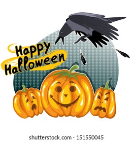 Halloween background with funny pumpkins and crow, eps10