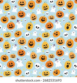 Fondo de Halloween con calabazas divertidas, fantasmas y calaveras. Patrón sin fisuras. Ilustración vectorial
