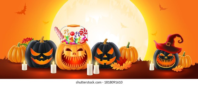 Halloween background, funny pumpkins. Greeting card for party and sale. Autumn holidays. Vector illustration EPS10.