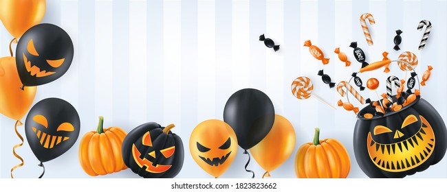 Halloween background, funny pumpkins. Greeting card for party and sale. Autumn holidays. Vector illustration EPS10.