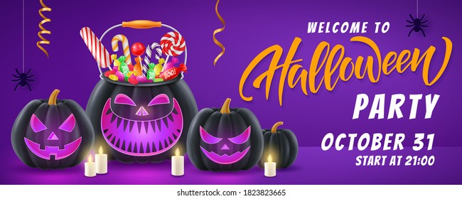 Halloween background, funny pumpkins. Greeting card for party and sale. Autumn holidays. Vector illustration EPS10.