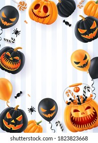 Halloween background, funny pumpkins. Greeting card for party and sale. Autumn holidays. Vector illustration EPS10.