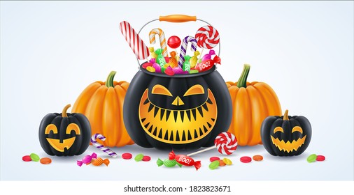Fondo de Halloween, calabazas divertidas. Tarjeta de saludo para fiesta y venta. Vacaciones de otoño. Ilustración del vector EPS10.
