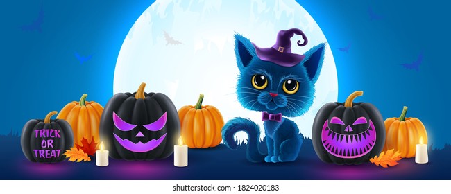 Halloween background, funny pumpkins. Greeting card for party and sale. Autumn holidays. Vector illustration EPS10.