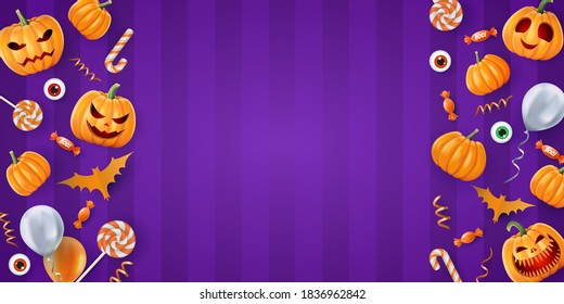 Halloween background, funny pumpkins. Greeting card for party and sale. Autumn holidays. Vector illustration EPS10.