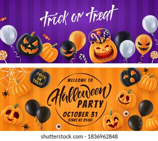 Halloween background, funny pumpkins. Greeting card for party and sale. Autumn holidays. Vector illustration EPS10.