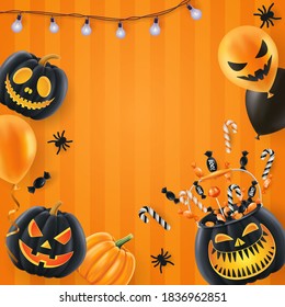 Halloween background, funny pumpkins. Greeting card for party and sale. Autumn holidays. Vector illustration EPS10.