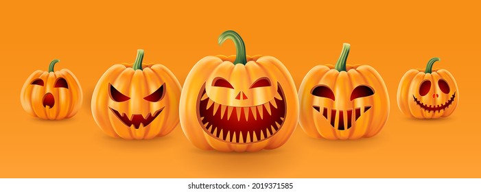 Halloween background, funny pumpkins. Greeting card for party and sale. Autumn holidays. Vector illustration EPS10.