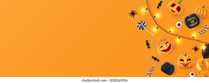 Halloween background, funny pumpkins. Greeting card for party and sale. Autumn holidays. Vector illustration EPS10.