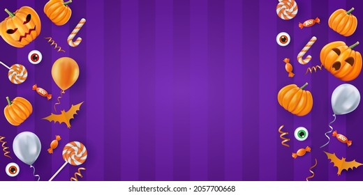 Halloween background, funny pumpkins. Greeting card for party and sale. Autumn holidays. Vector illustration EPS10.
