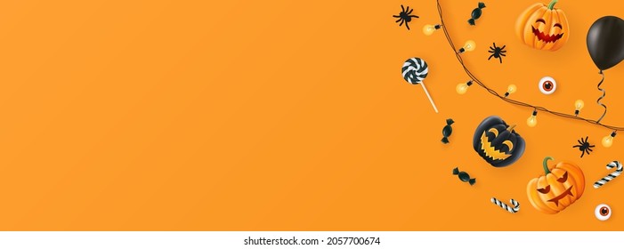 Halloween background, funny pumpkins. Greeting card for party and sale. Autumn holidays. Vector illustration EPS10.
