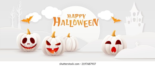 Halloween background, funny pumpkins. Greeting card for party and sale. Autumn holidays. Vector illustration EPS10.