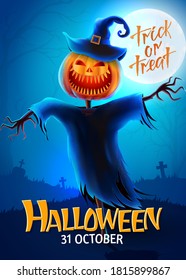 Halloween background, funny pumpkins and scarecrow. Greeting card for party and sale. Autumn holidays. Vector illustration EPS10.
