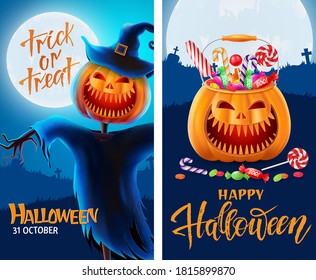 Halloween background, funny pumpkins and scarecrow. Greeting card for party and sale. Autumn holidays. Vector illustration EPS10.