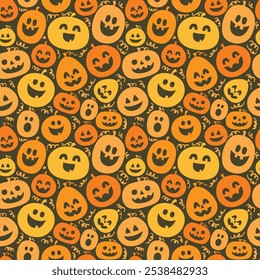 Fundo de Halloween com abóboras engraçadas. Padrão contínuo. Ilustração vetorial