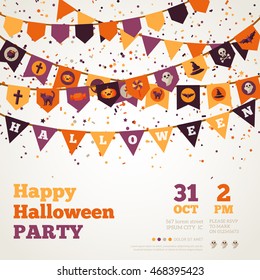 Halloween Background with Garland Decorations. Vector Illustration. Flags in Traditional Colors with Holiday Symbols. Falling Colorful Confetti.