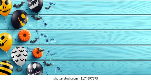 Halloween background with Halloween Ghost Balloons on blue wood background.Scary air balloons.Website spooky or banner  template.Vector illustration EPS10