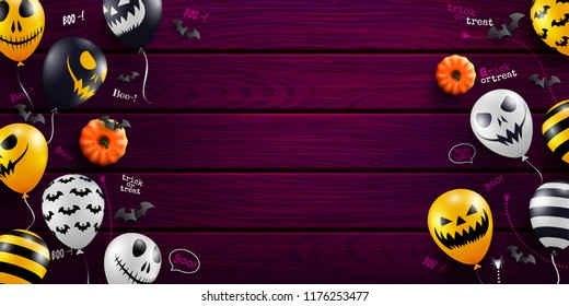 Halloween background with Halloween Ghost Balloons on wood background.Scary air balloons.Website spooky or banner  template.Vector illustration EPS10