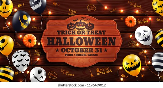 Halloween background with Halloween Ghost Balloons and string light on wood background.Scary air balloons.Website spooky or banner  template.Vector illustration EPS10