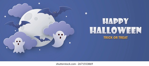 Plano de fundo de Halloween com fantasma e morcegos. Estilo de corte do papel