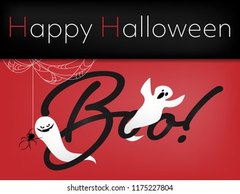 Halloween background of Halloween ghost with Boo! text, spider with cobweb and Happy Halloween text. Vector illustration design for Invitation to party or greeting card or banner.