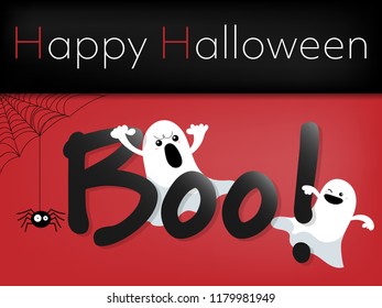Halloween background of Halloween ghost with Boo! text, spider with cobweb and Happy Halloween text. Vector illustration design for Invitation to party or greeting card or banner.